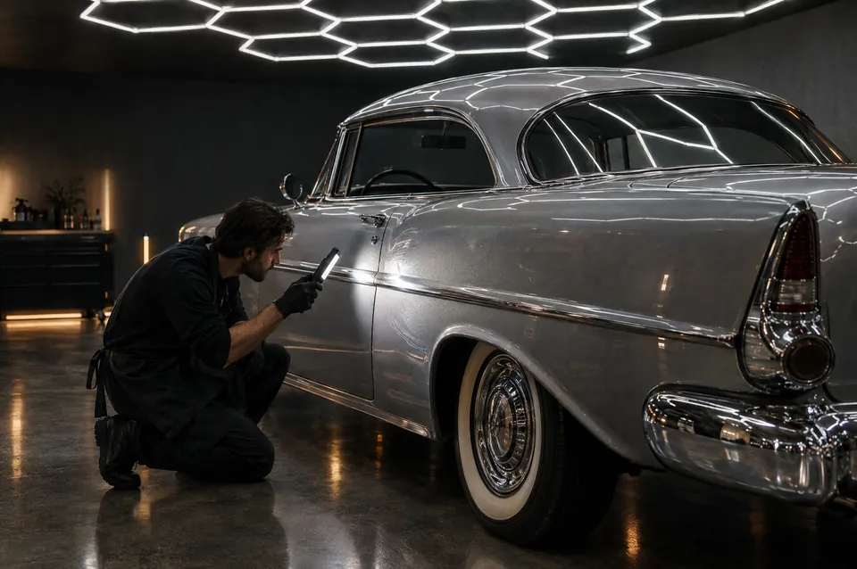 A detailer inspects the flank of a silver coupé with a handheld light under the hexagon ceiling