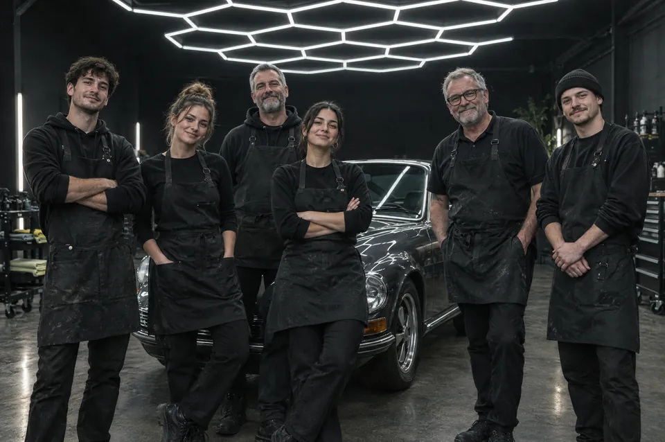 The NACRE team standing in the studio under the hexagon lights